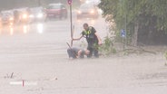 Zwei Personen stehen knietief im Wasser auf einer Straße. © Screenshot 