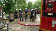 Eine Gruppe der Feuerwehr vor einer Tiefgarageneinfahrt, die sie auspumpen. © Screenshot 