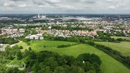 Panoramaansicht über das Braunschweiger Land. Grüne Wiesen, im Hintergrund eine Stadt. © Screenshot 