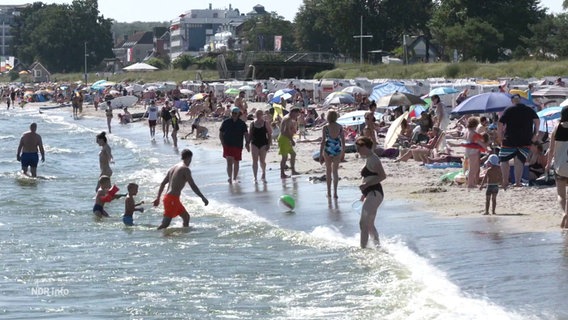 Viele Menschen baden an einem Strand im Meer. © Screenshot 