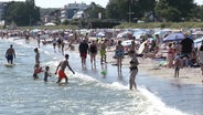 Viele Menschen baden an einem Strand im Meer. © Screenshot 