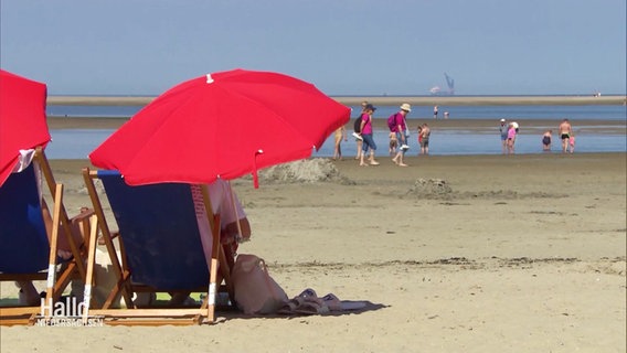 Strandszene auf Borkum mit Bohrinsel am Horizont. © Screenshot 