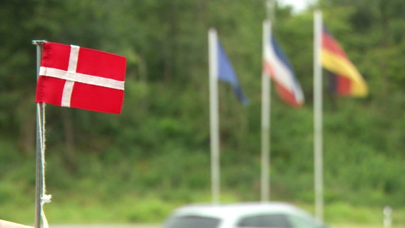 Eine kleine dänische Flagge im Fokus. unscharf im Hintergrund wehen die Europäische, Schleswig-Holsteinische und Deutsche Flagge. © Screenshot 