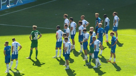 Die Spieler des FC Hansa Rostock stehen nach dem Spiel im Strafraum vor der Fantribüne. © Screenshot 