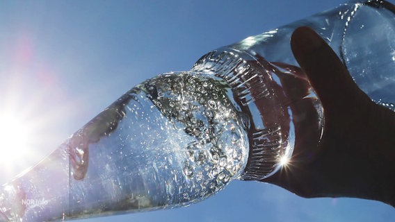 Nahaufnahme einer großen Glasfasche mit Wasser die im Gegenlicht der Sonne zum Trinken angesetzt wird. © Screenshot 