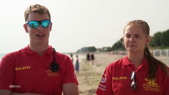 Ein junger Mann und eine junge Frau stehen als DLRG-Mitarbeitende am Strand. © Screenshot 