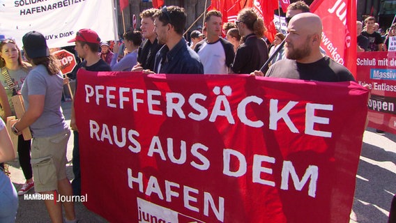 Ein Demonstrationsbanner mit der Aufschrift "Pfeffersäcke raus aus dem Hafen". © Screenshot 