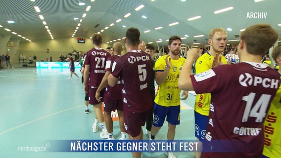 Die Spieler von zwei gegnerischen Handballmannschaften klatschen sich ab. © Screenshot 