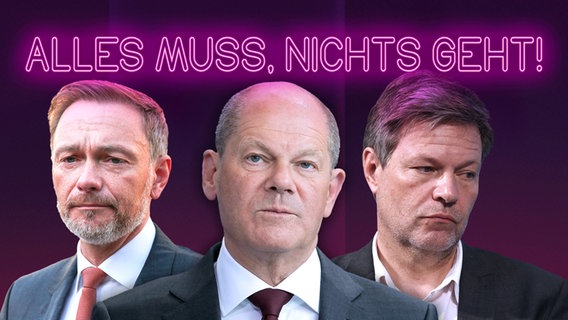 Christian Lindner, Olaf Scholz und Robert Habeck. Alles muss, nichts geht. (extra 3 vom 28.08.2024 im Ersten) © NDR 