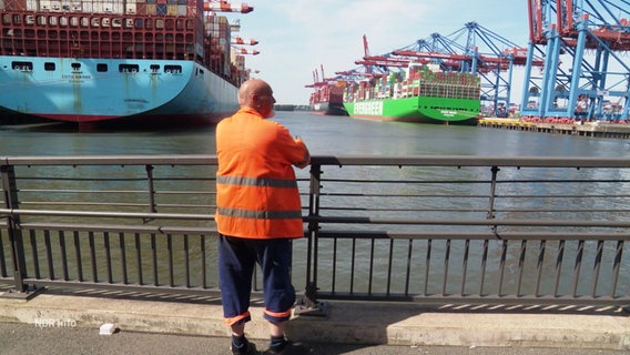 Ein Hafenarbeiter betrachtet Containerschiffe im Hamburger Hafen. © Screenshot 