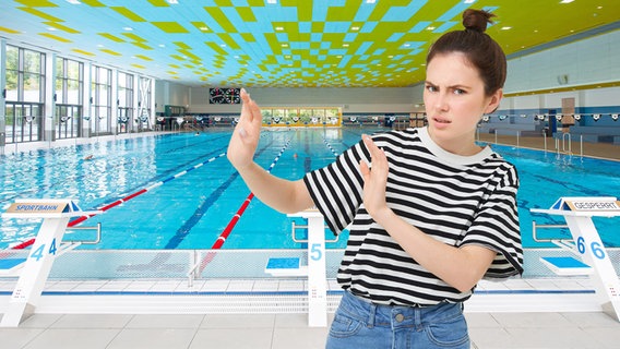 Eine Frau mit einer ablehnenden Körpersprache in einem Schwimmbad. (extra 3 vom 28.08.2024 im Ersten) © NDR 