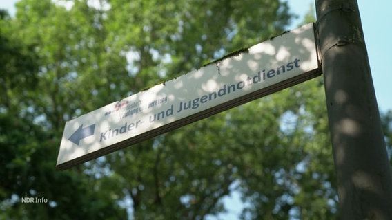 Ein Straßenschild mit der Beschriftung Kinder- und Jugendnotdienst. © Screenshot 