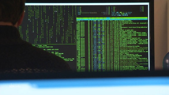 Eine Person sitzt vor einem Computerbildschirm, auf dem viele komplexe Rechenprozesse abgebildet sind. © Screenshot 
