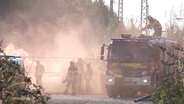 In der Ferne simulieren Einsatzkräfte der Feuerwehr einen Waldbrand mit großer Nebelwolke. © Screenshot 