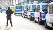 Ein einzelner Polizist steht breitbeinig auf einer Straße, an deren Rand zahlreiche Mannschaftswagen parken. © Screenshot 