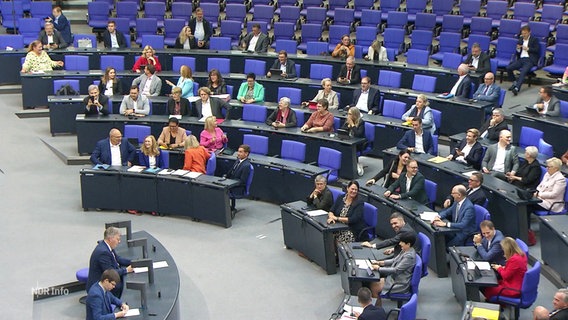 Politiker und Politikerinnen sitzen beim Probealarm im Bundestag. © Screenshot 