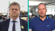 Bildschirmfoto eines Splitscreen: Links steht MV-Bauernpräsident Trunk auf dem Außengelände der MeLa, rechts ist Moderator Steffen Baxalary im NDR MV Newscenter zu sehen. © Screenshot 