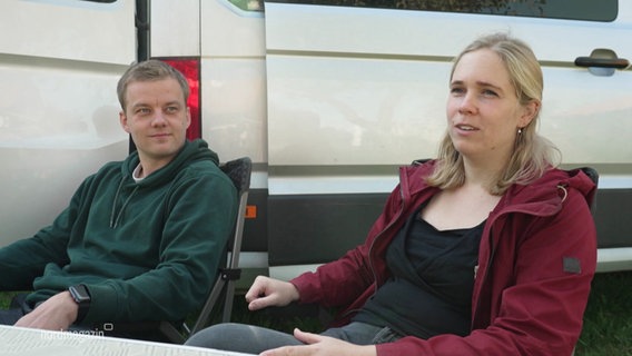 Ein Mann und eine Frau sitzen auf Campingstühlen vor einem Wohnmobil. © Screenshot 