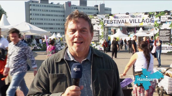 Reporter Andreas Hilmer steht auf dem Heiligengeistfeld und berichtet, hinter ihm befindet sich der Eingang vom "Festival Village". © Screenshot 