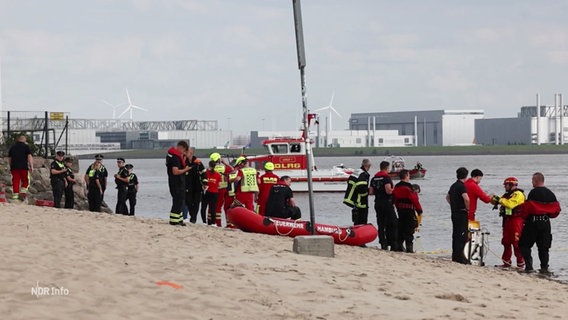 Die DLRG, Feuerwehr und Polizei im Einsatz an einem Strand. © Screenshot 