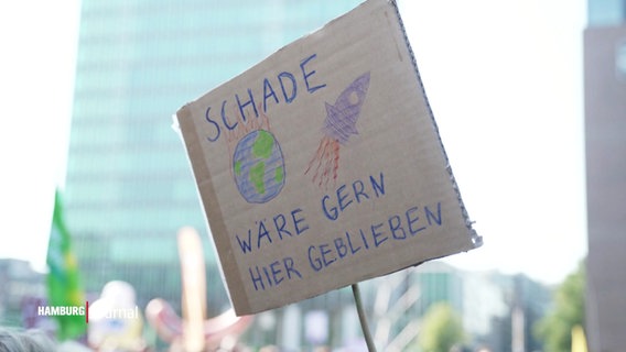 Auf einem Pappschild bei einer FFF-Demo verlässt eine Rakete einen brennenden Planeten und darüber steht: Schade, wäre gern hier geblieben. © Screenshot 