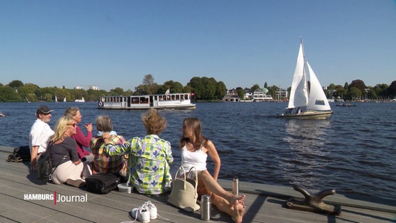 Einige Leute sitzen in sommerlicher Bekleidung am Alsterufer und schauen auf das Wasser, auf dem einige Boote fahren. © Screenshot 