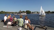 Einige Leute sitzen in sommerlicher Bekleidung am Alsterufer und schauen auf das Wasser, auf dem einige Boote fahren. © Screenshot 