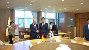 Bürgermeister Peter Tschentscher und Seoul's Bürgermeister Oh Se-hoon geben sich die Hand. © Screenshot 