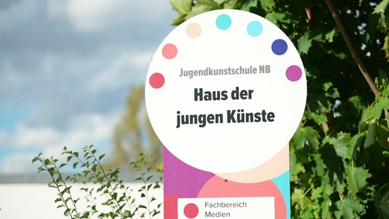 Auf einem bunten Eingangschild steht "Jugendkunstschule NB. Haus der jungen Künste". © Screenshot 