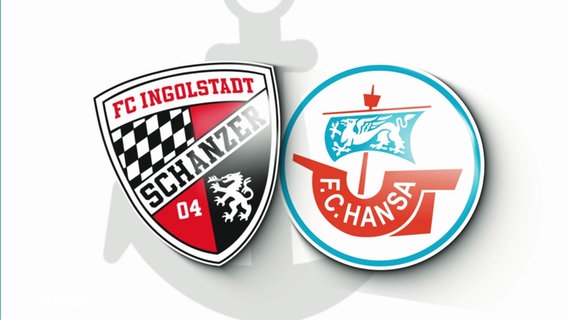 Die Vereinswappen vom FC Ingolstadt und Hansa Rostock stoßen gegeneinander. © Screenshot 