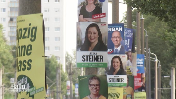 Wahlplakate verschiedener Parteien hängen in einer Straße. © Screenshot 