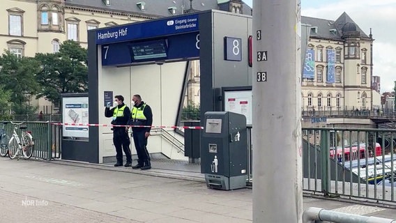 Zwei Polizisten stehen mit Masken an einem Gleis am Hamburger Hauptbahnhof. © Screenshot 