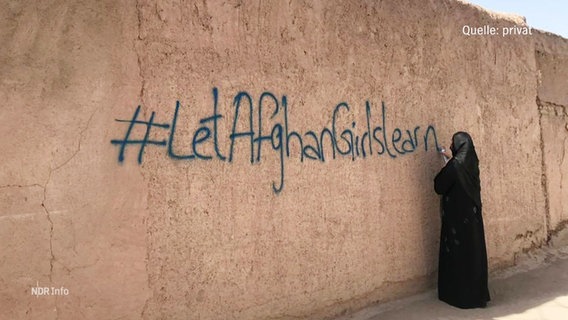 Eine Frau in Afghanistan sprüht Graffitti, es liest: "#letAfghanGirlslearn". Quelle: Privat. © Screenshot 