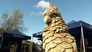 Holzskulptur eines Vogels mit detailreichem Kopf und gefiedertem Körper, im Hintergrund Husqvarna-Zelte und blauer Himmel. © Screenshot 