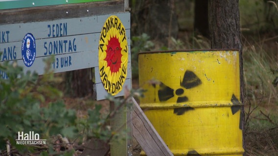 Ein "Atomkraft? Nein Danke!" Aufkleber auf einem Holzschild, neben einem Symboll-Fass für radioaktiven Müll. © Screenshot 