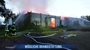 Feuerwehrleute löschen eine brennende Lagerhalle. © Screenshot 