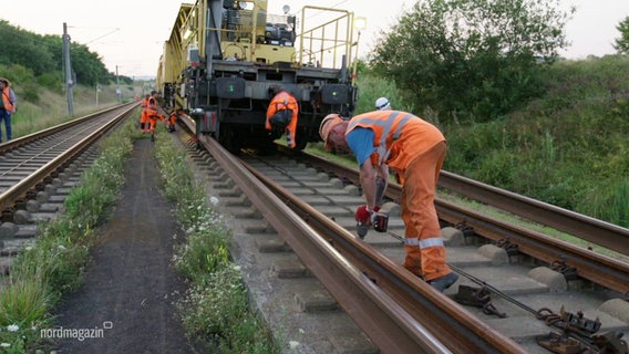 Gleiswechsel: Ein Gleiswechselwagen und ein paar Personen, die an und mit ihm arbeiten. © Screenshot 