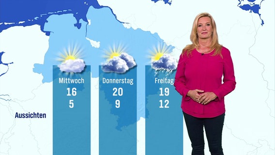 Eine Moderatorin steht vor einer Wettergrafik. © Screenshot 