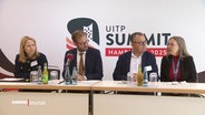 Verkehrssenator Anjes Tjarks sitzt mit drei weiteren Personen an einem Tisch mit der Aufschrift "UITP Summit Hamburg 2025". © Screenshot 