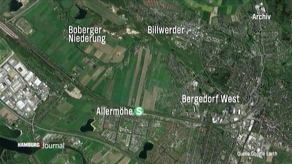 Luftbildaufnahme mit Markierung der S-Bahn Allermöhe und den Stadtteilen Billwerder, Bergedorf West und der Boberger Niederung (Archivbild). © Screenshot 