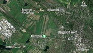 Luftbildaufnahme mit Markierung der S-Bahn Allermöhe und den Stadtteilen Billwerder, Bergedorf West und der Boberger Niederung (Archivbild). © Screenshot 