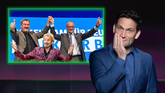 Markus Söder, Thomas Gottschalk und Friedrich Merz. Daneben Christian Ehring. (extra 3 vom 17.10.2024 im Ersten) © NDR 