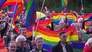 Demonstrierende mit Regenbogenflaggen vor dem Rathaus in Neubrandenburg. © Screenshot 