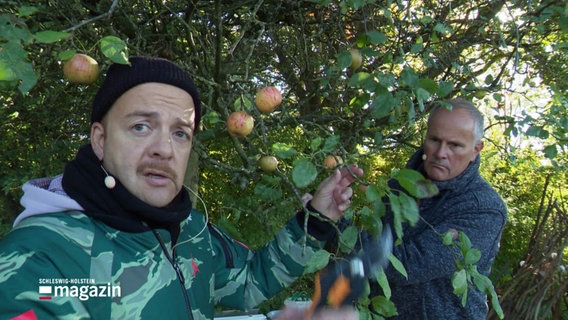 Zwei Männer beim Apfel-Ernten. © Screenshot 