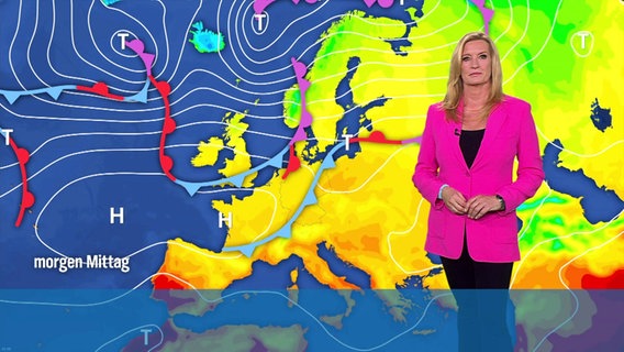 Eine Meteorologin steht vor einer Wettergrafik. © Screenshot 