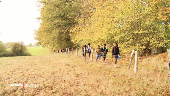 Eine Gruppe von Wandernden geht an einem Zaun an einem Feld entlang. © Screenshot 