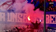 Eine Person mit Pyrotechnik im Stadion des Vereins Hansa Rostock (Archivbild). © Screenshot 