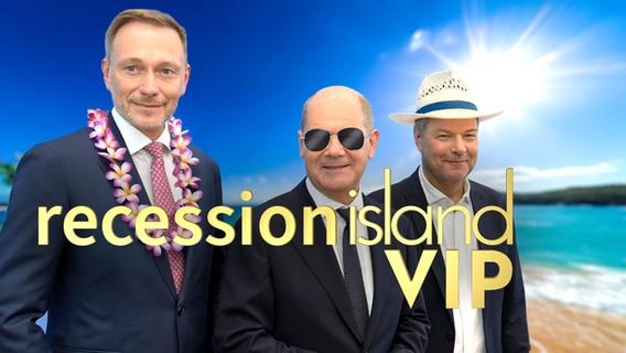 Christian Lindner, Olaf Scholz und Robert Habeck bei Recession Island VIP. (extra 3 vom 31.10.2024 im Ersten) © NDR 