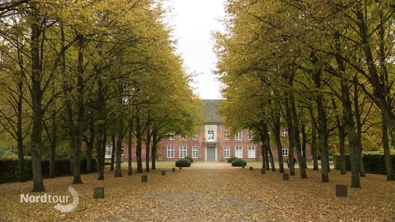 Am Ende einer langen Allee von Laubbäumen steht ein altertümliches Herrenhaus mit Klinker. © Screenshot 