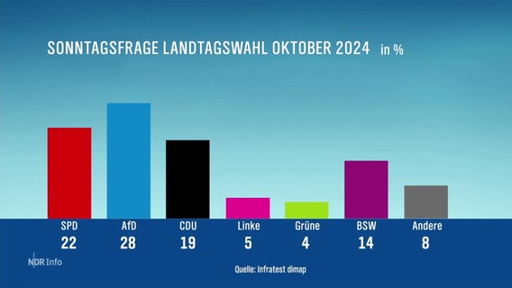 Ein Balkendiagramm zeigt Ergebnis der Sonntagsfrage zur Landtagswahl Oktober 2024- © Screenshot 